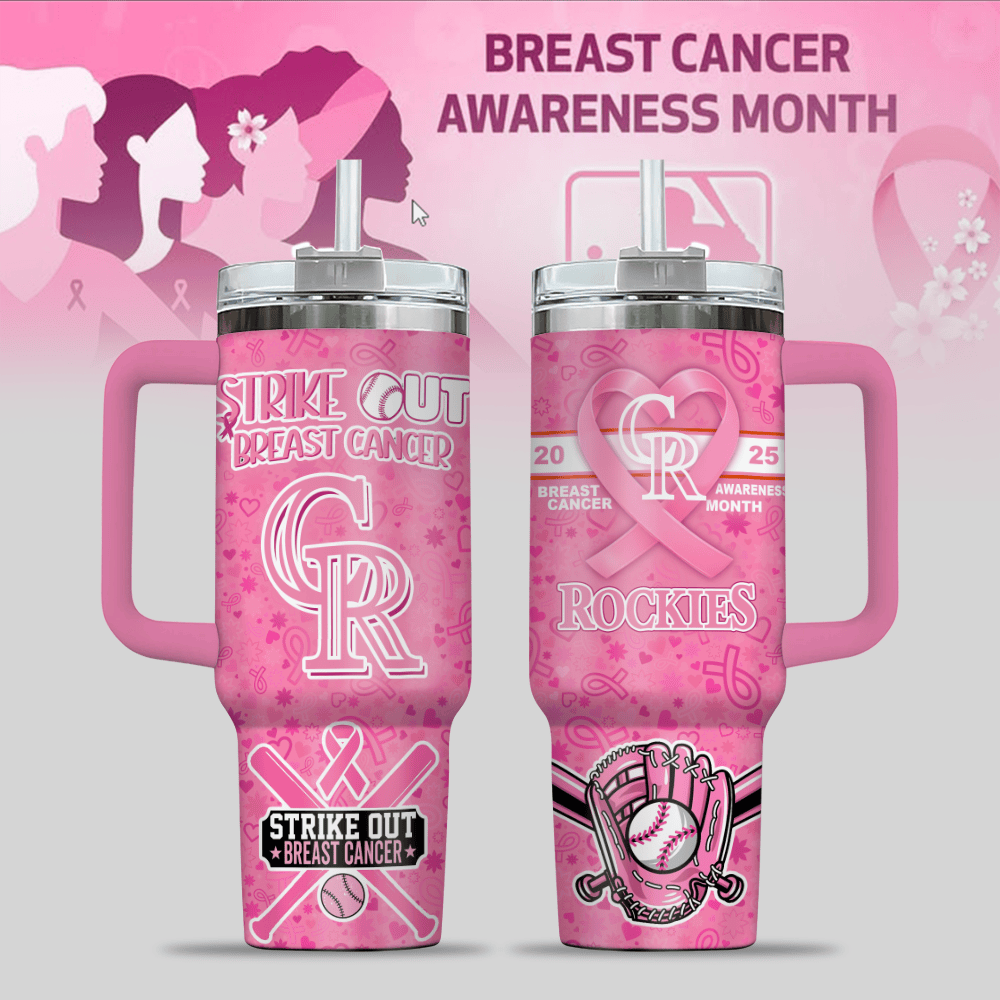 Colorado Rockies MLB x Breast Cancer Awareness Custom Stanley Quencher 40oz Stainless Steel Tumbler With Handle