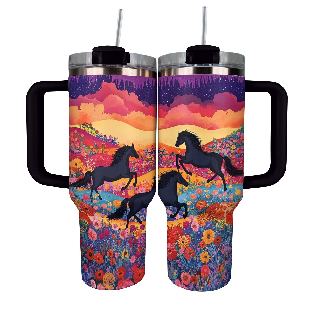 Colorful Horses Custom Stanley Quencher 40oz Stainless Steel Tumbler With Handle