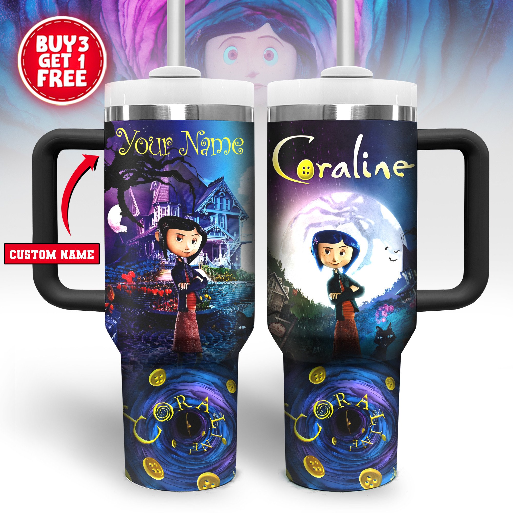 Coraline Cartoon Custom Stanley Quencher 40oz Stainless Steel Tumbler With Handle