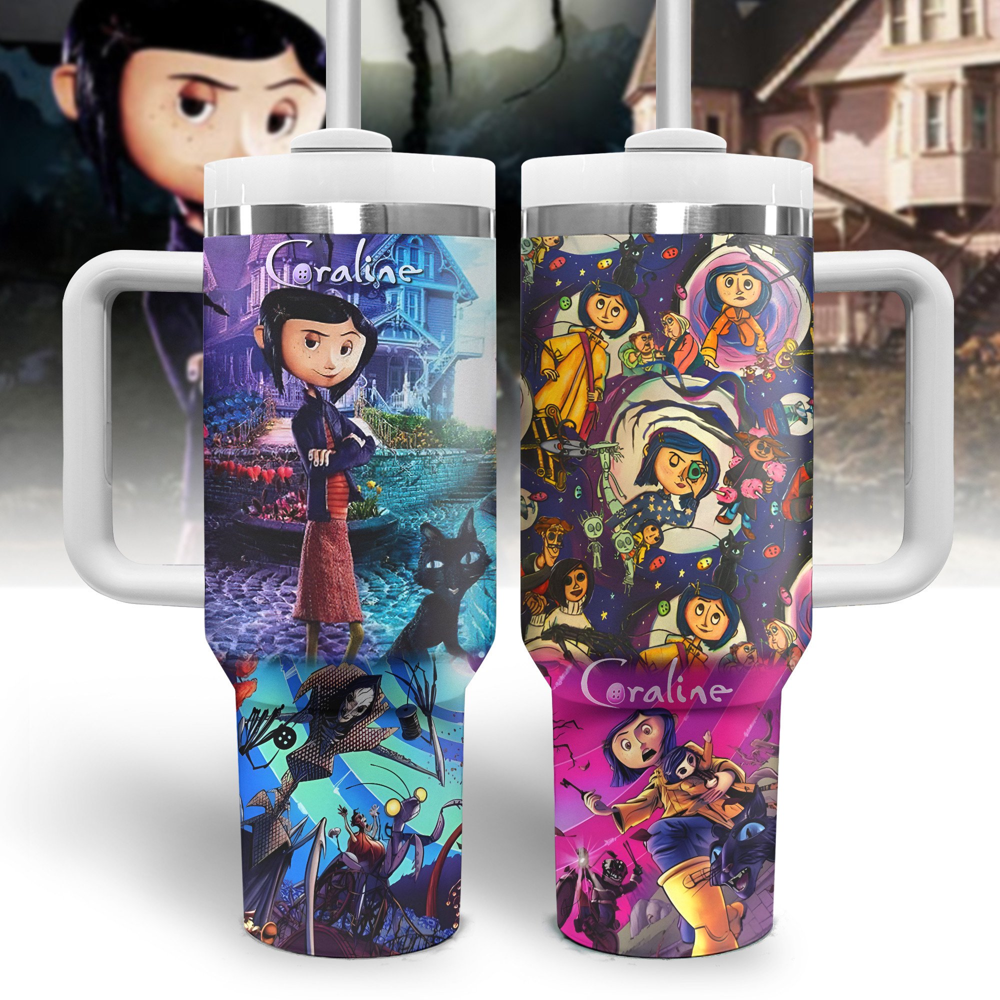 Coraline Cartoon Custom Stanley Quencher 40oz Stainless Steel Tumbler With Handle