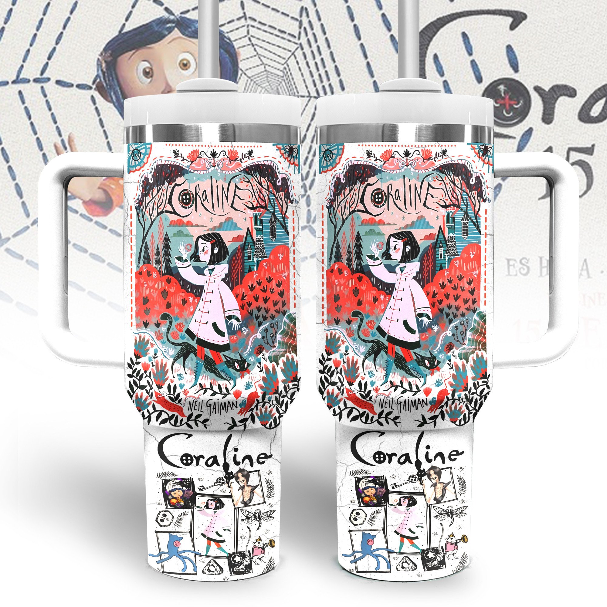 Coraline Cartoon Custom Stanley Quencher 40oz Stainless Steel Tumbler With Handle