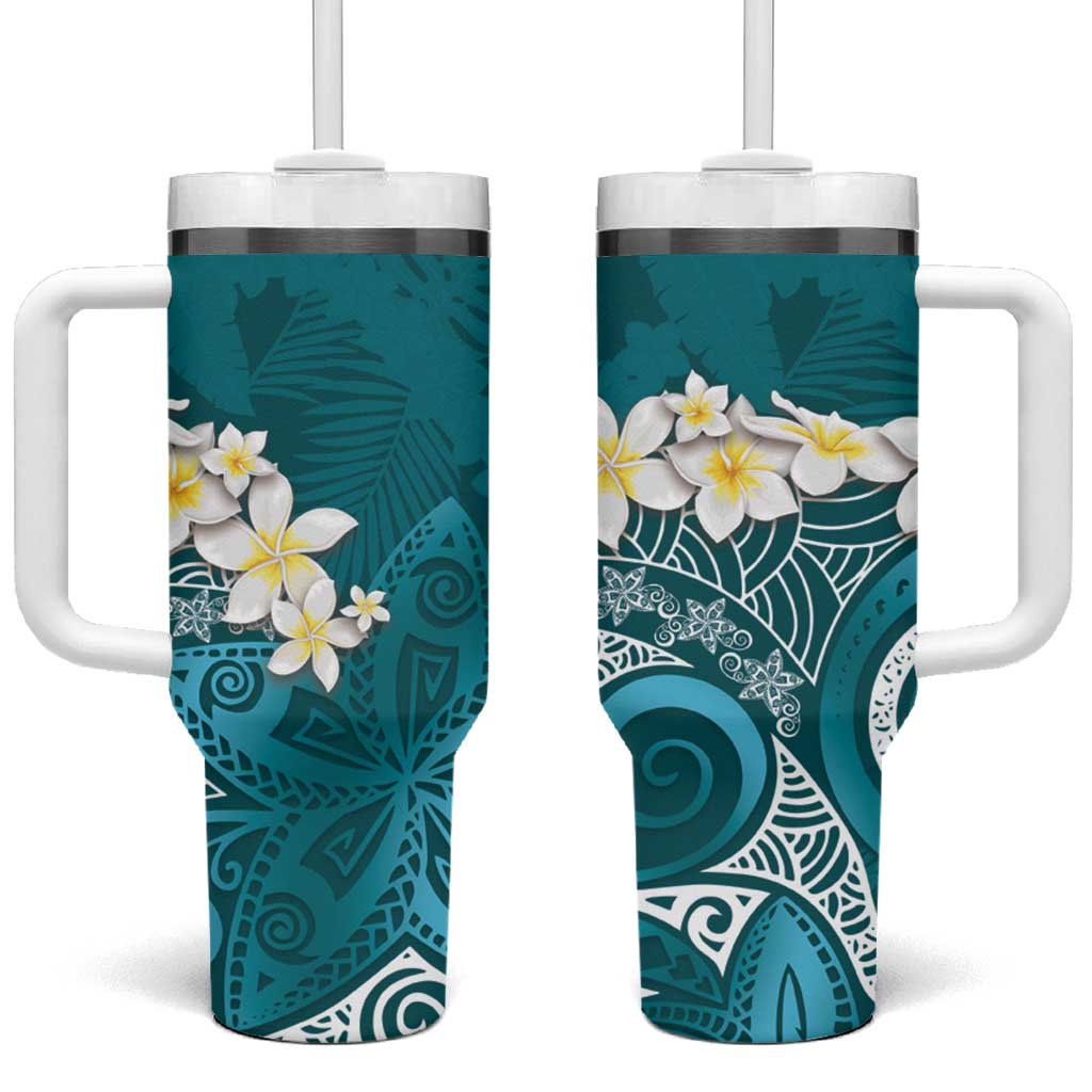 Cyan Polynesian Tribal Frangipani Tropical Vibe Custom Stanley Quencher 40oz Stainless Steel Tumbler With Handle