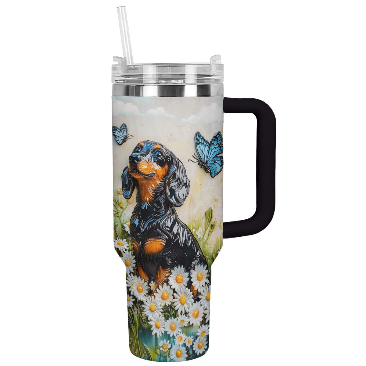 Dachshund Dog and Flower Custom Stanley Quencher 40oz Stainless Steel Tumbler With Handle