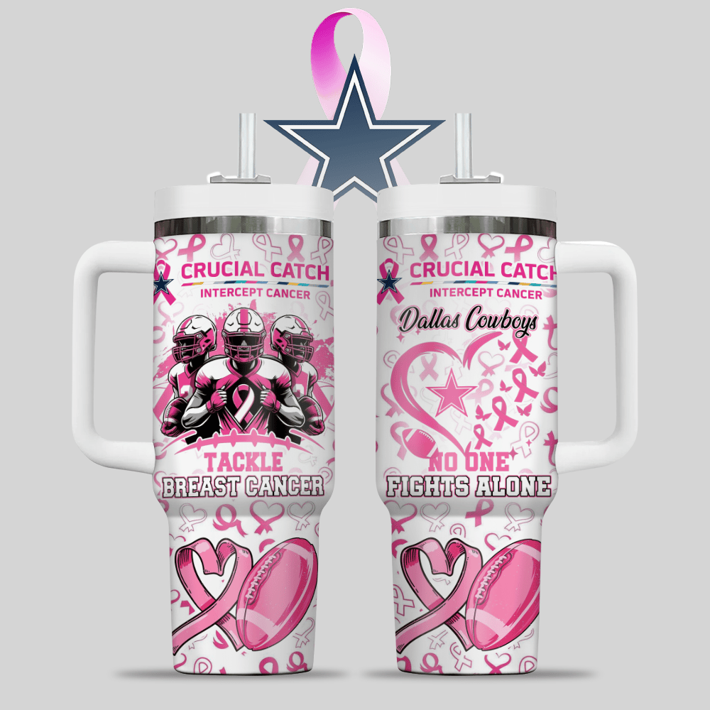 Dallas Cowboys NFL x Breast Cancer Awareness Custom Stanley Quencher 40oz Stainless Steel Tumbler With Handle