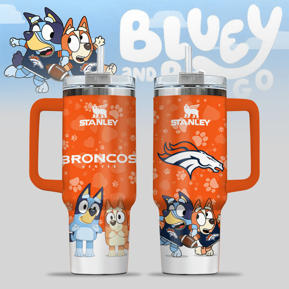 Denver Broncos NFL x Bluey Custom Stanley Quencher 40oz Stainless Steel Tumbler With Handle