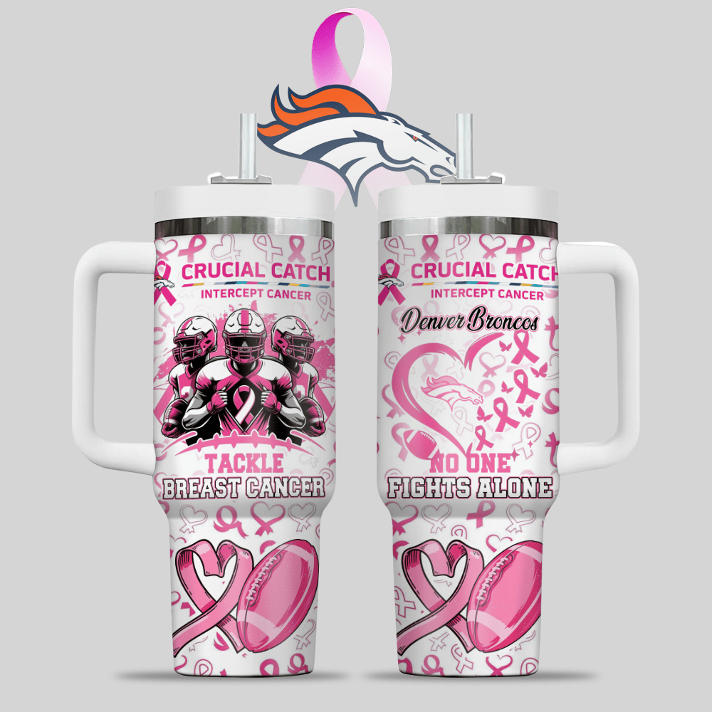 Denver Broncos NFL x Breast Cancer Awareness Custom Stanley Quencher 40oz Stainless Steel Tumbler With Handle