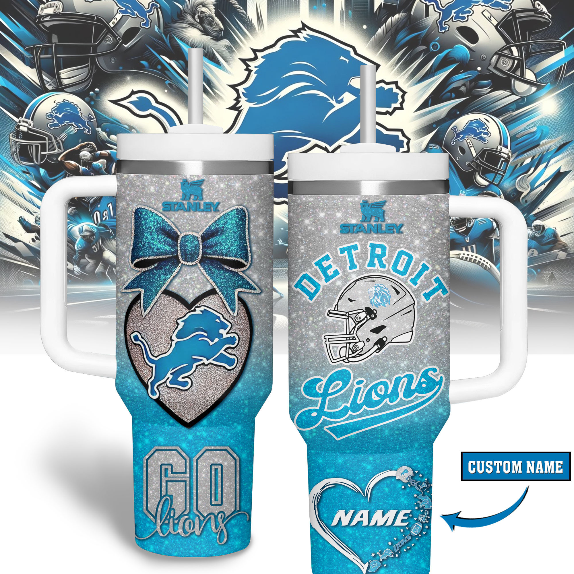Detroit Lions NFL Sports Custom Stanley Quencher 40oz Stainless Steel Tumbler With Handle