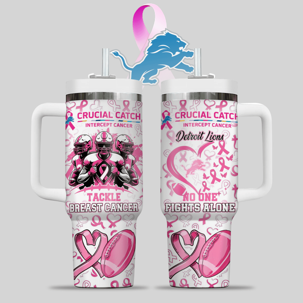 Detroit Lions NFL x Breast Cancer Awareness Custom Stanley Quencher 40oz Stainless Steel Tumbler With Handle