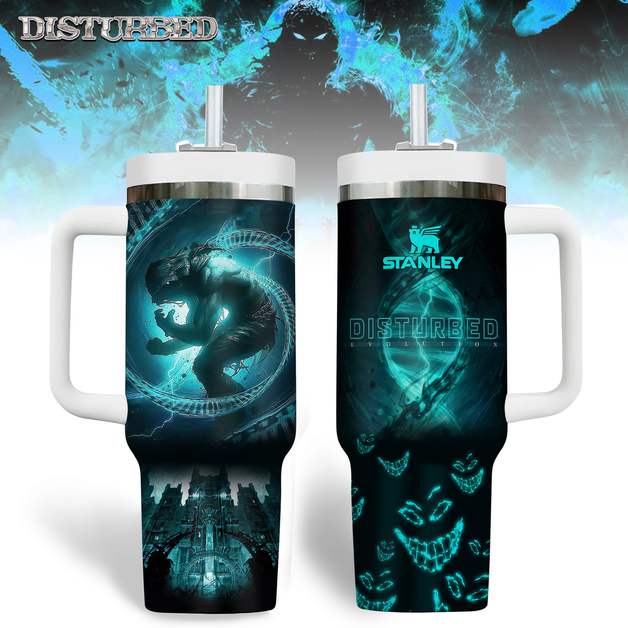 Disturbed Music Custom Stanley Quencher 40oz Stainless Steel Tumbler With Handle