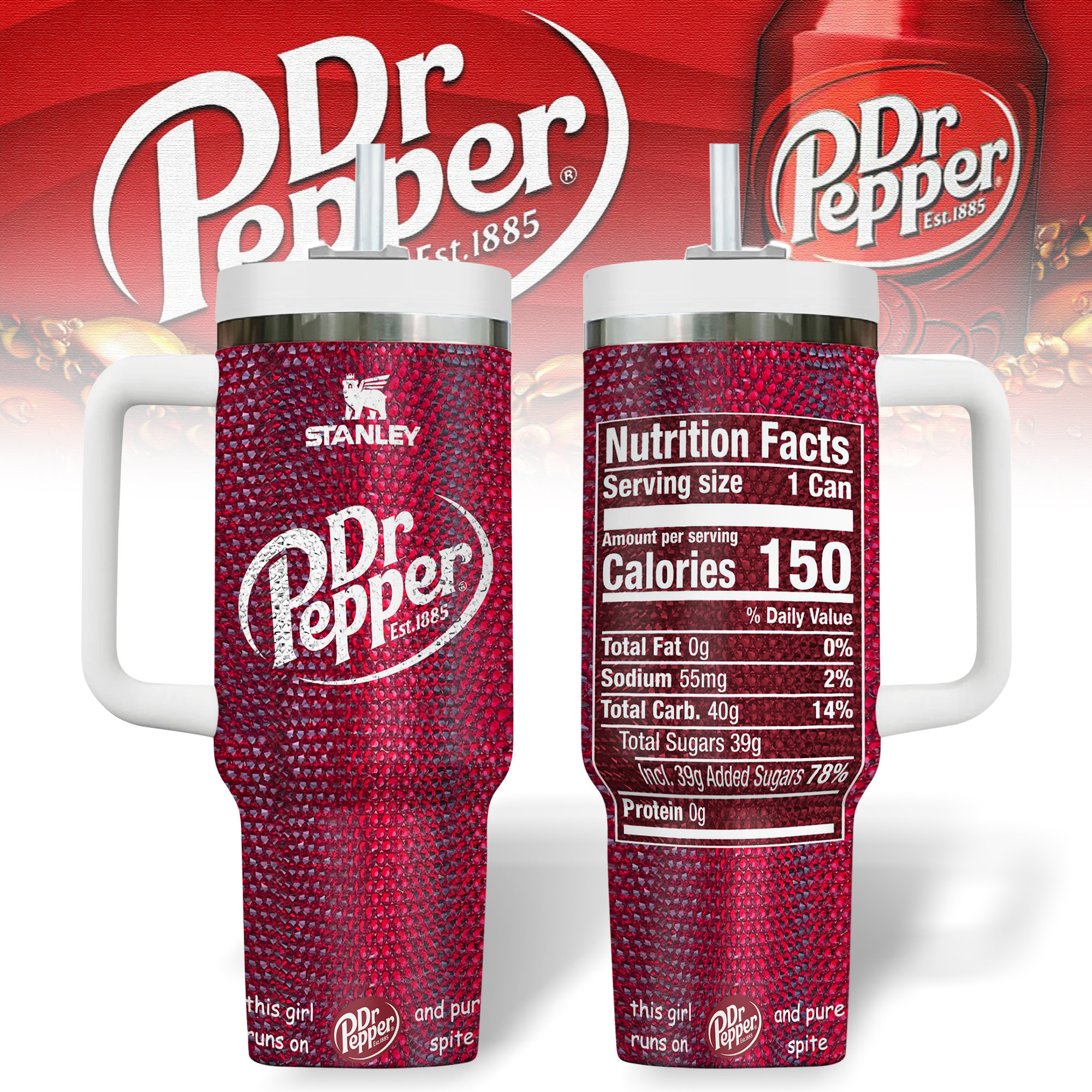 Dr Pepper Drinks Custom Stanley Quencher 40oz Stainless Steel Tumbler With Handle