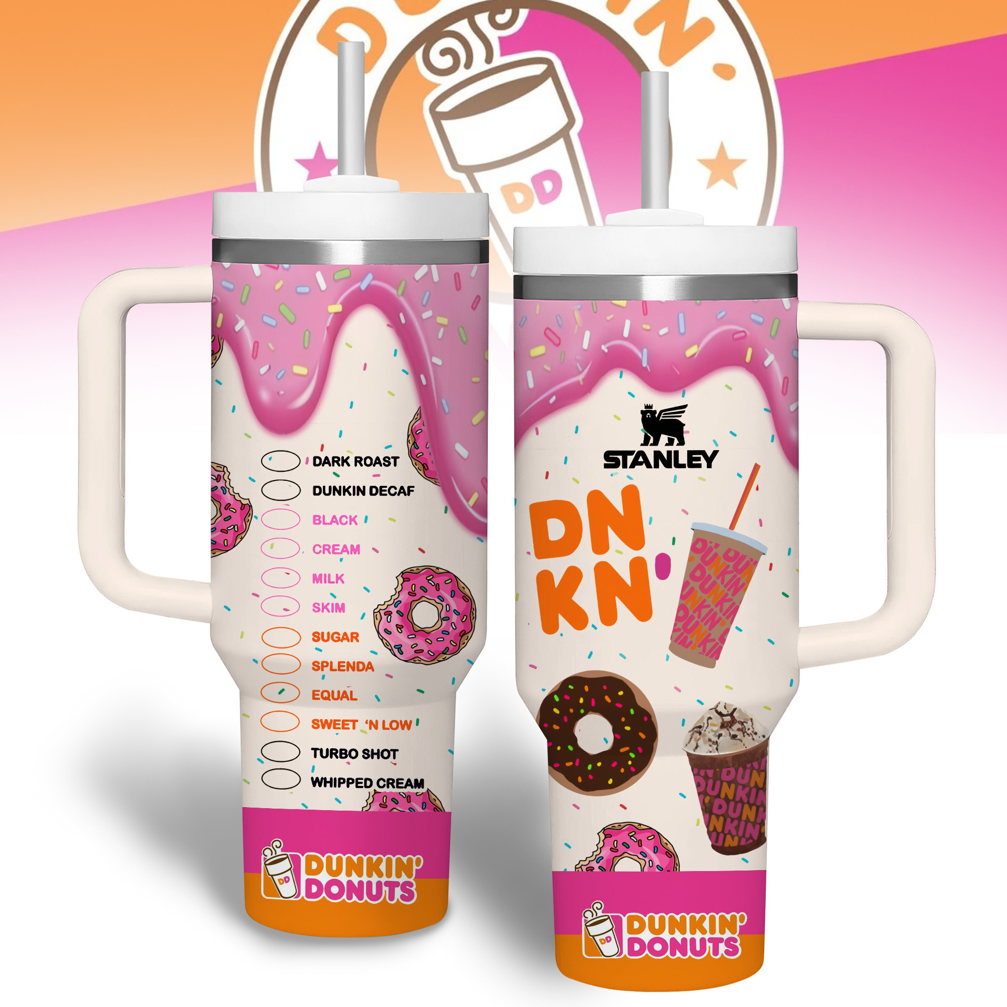 Dunkin Donuts Drinks Custom Stanley Quencher 40oz Stainless Steel Tumbler With Handle