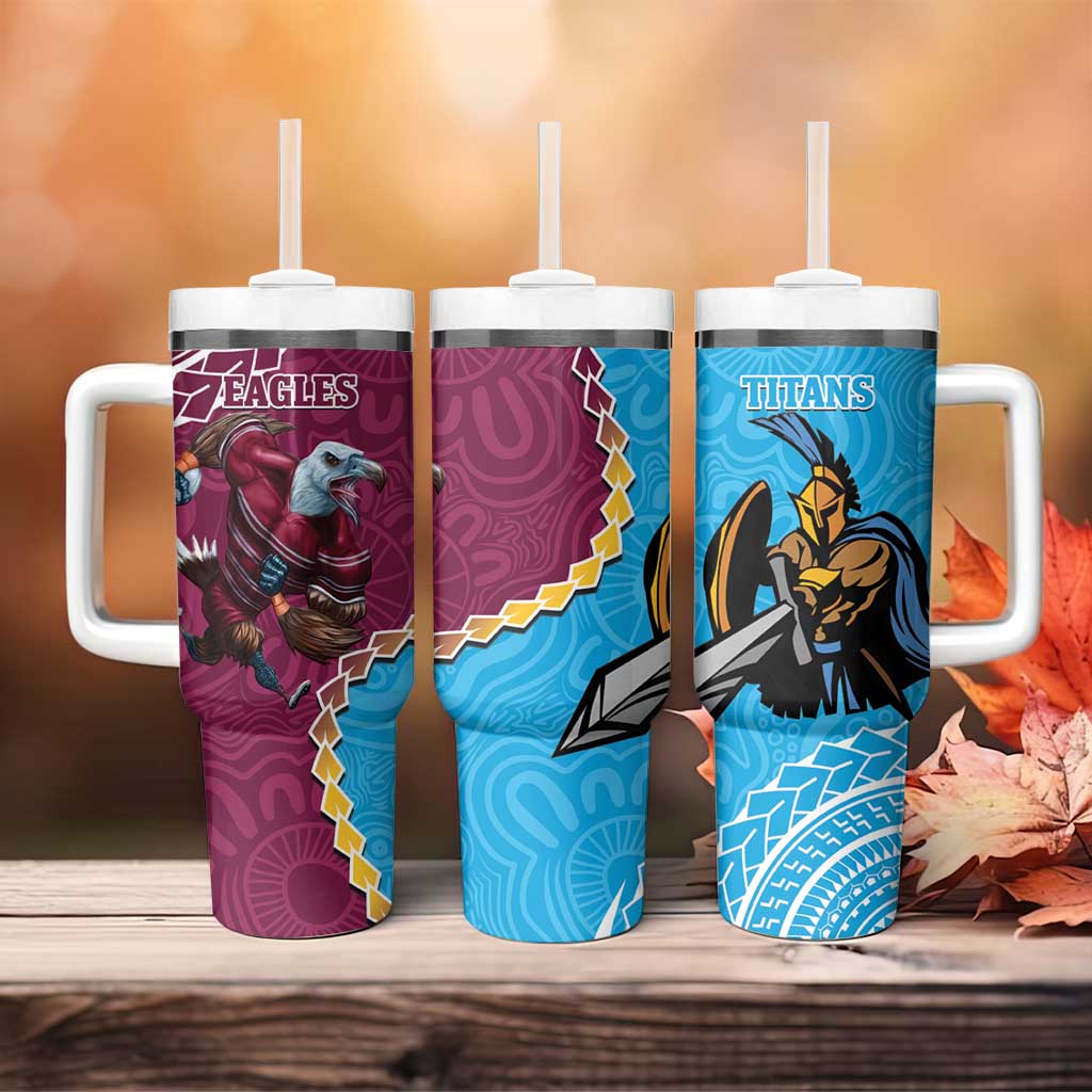 Eagles And Titans Rugby Aboriginal Mix Polynesian Pattern Custom Stanley Quencher 40oz Stainless Steel Tumbler With Handle