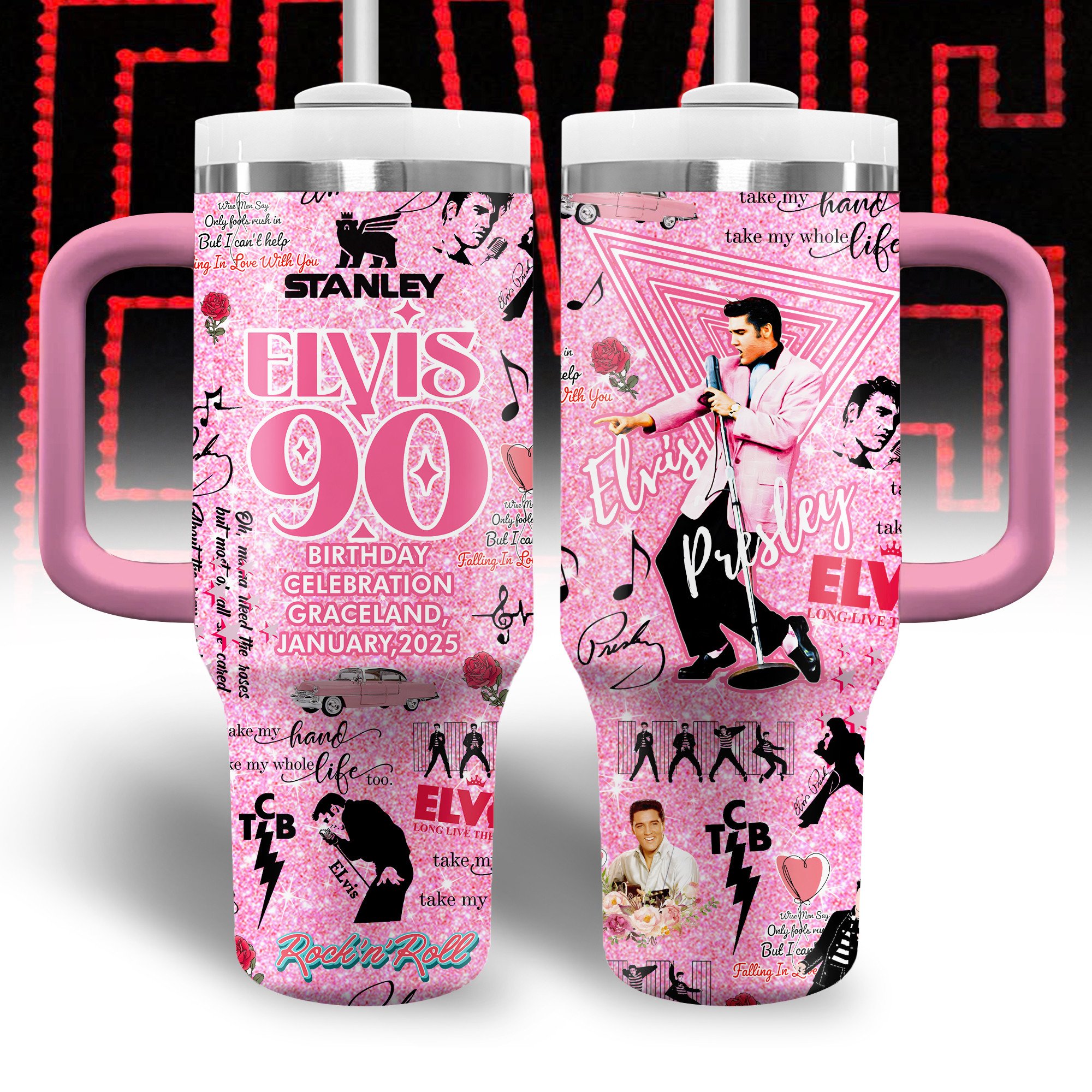 Elvis Presley Music Custom Stanley Quencher 40oz Stainless Steel Tumbler With Handle