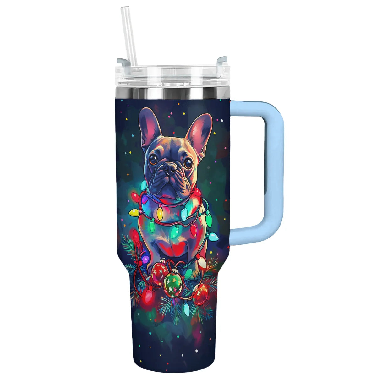 Festive Lights for Frenchie Bulldog Custom Stanley Quencher 40oz Stainless Steel Tumbler With Handle