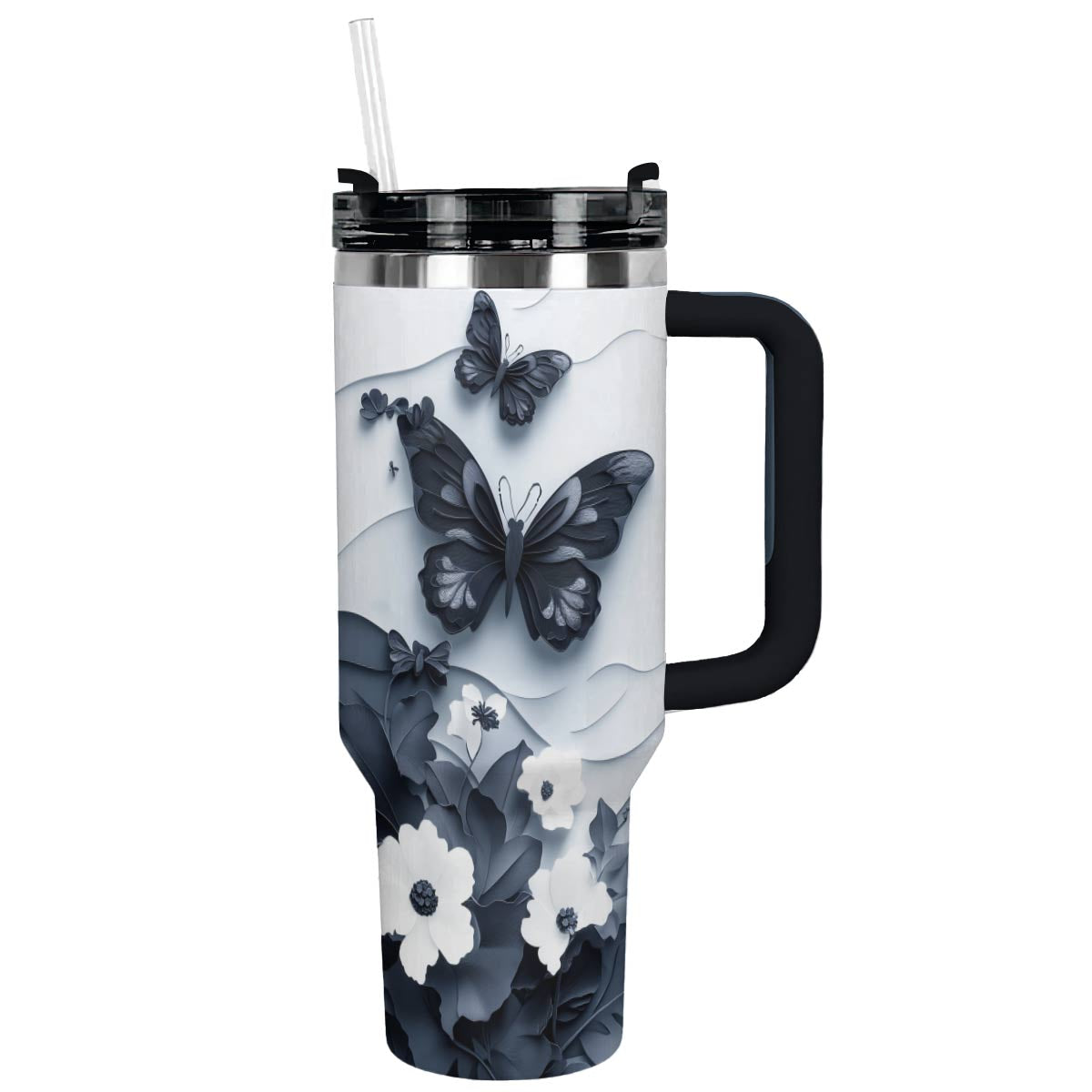 Floral And Butterfly Custom Stanley Quencher 40oz Stainless Steel Tumbler With Handle