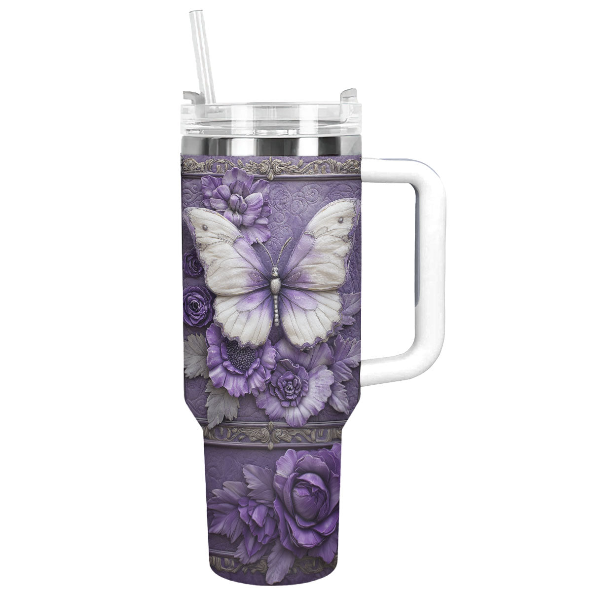 Floral And Butterfly Custom Stanley Quencher 40oz Stainless Steel Tumbler With Handle