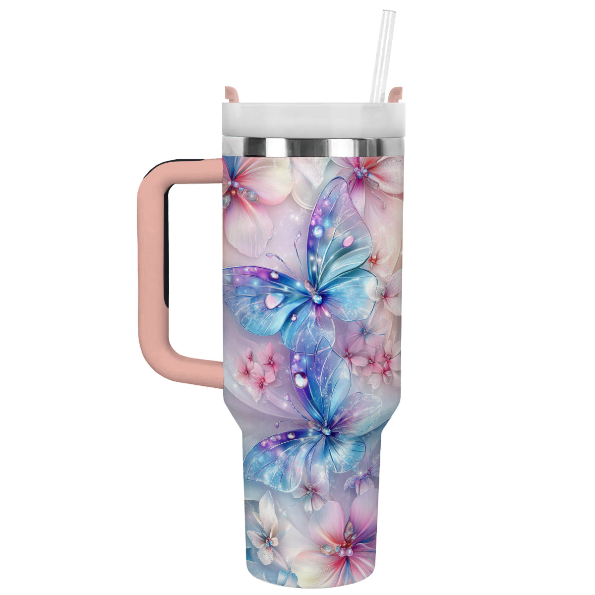 Floral And Butterfly Custom Stanley Quencher 40oz Stainless Steel Tumbler With Handle