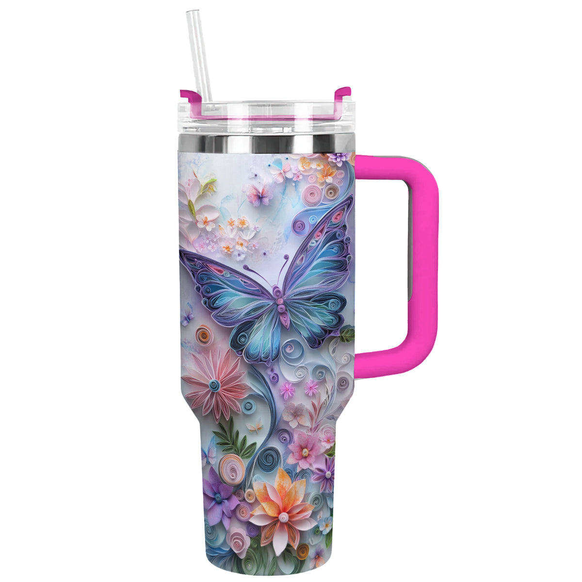 Floral And Butterfly Custom Stanley Quencher 40oz Stainless Steel Tumbler With Handle