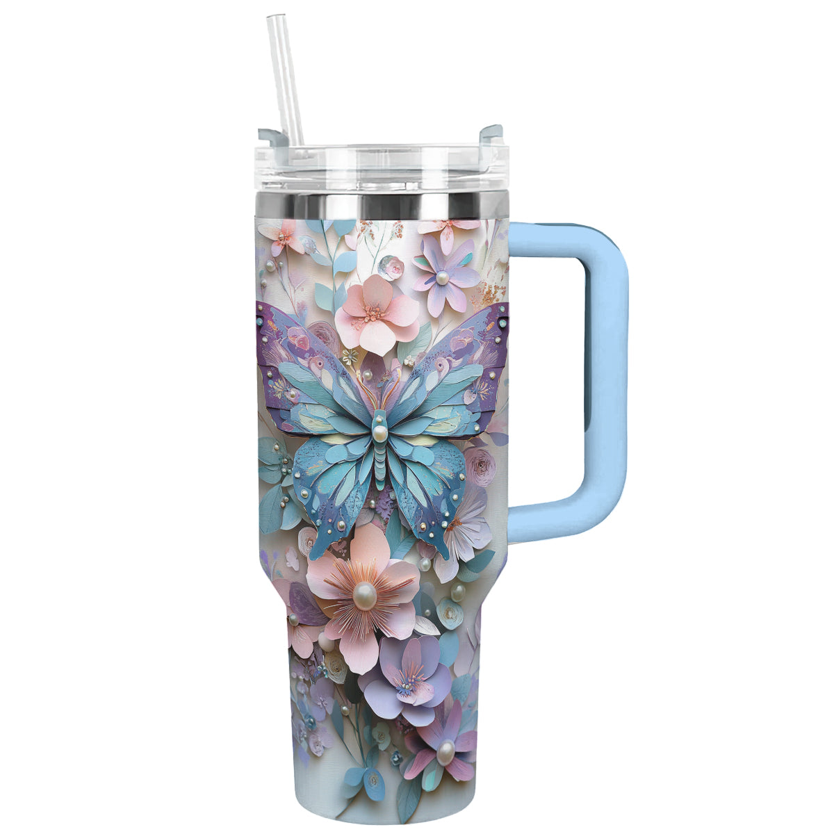Floral And Butterfly Custom Stanley Quencher 40oz Stainless Steel Tumbler With Handle