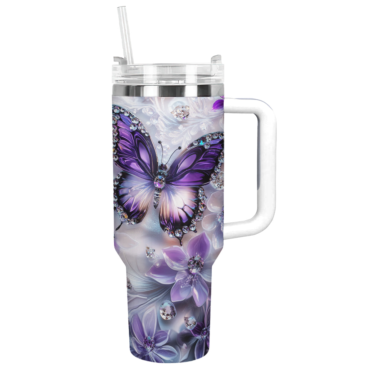 Floral And Butterfly Custom Stanley Quencher 40oz Stainless Steel Tumbler With Handle