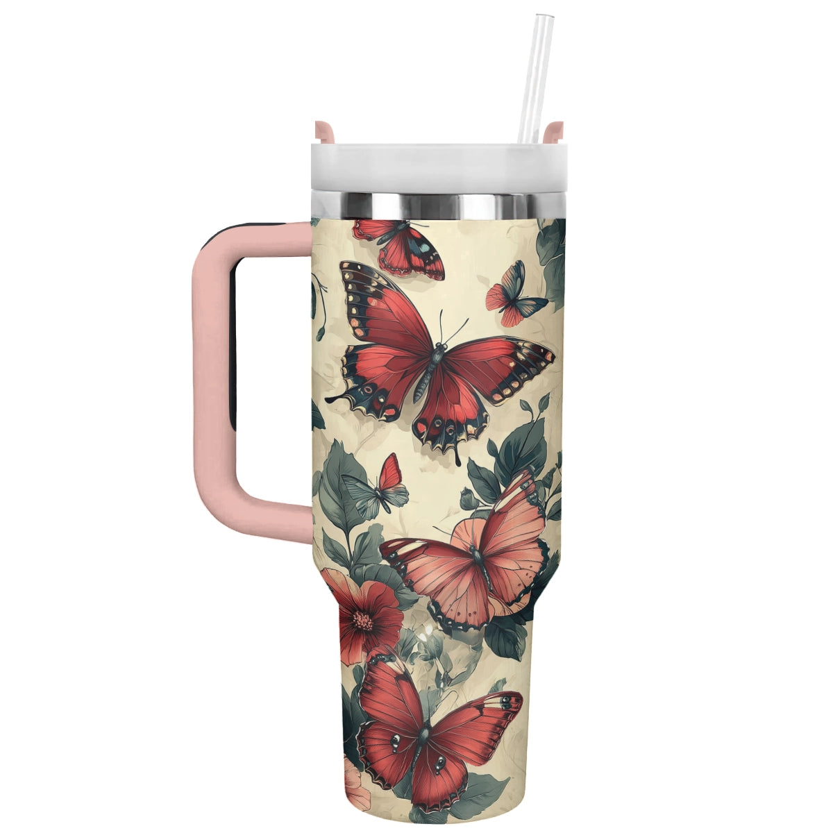 Floral And Butterfly Custom Stanley Quencher 40oz Stainless Steel Tumbler With Handle