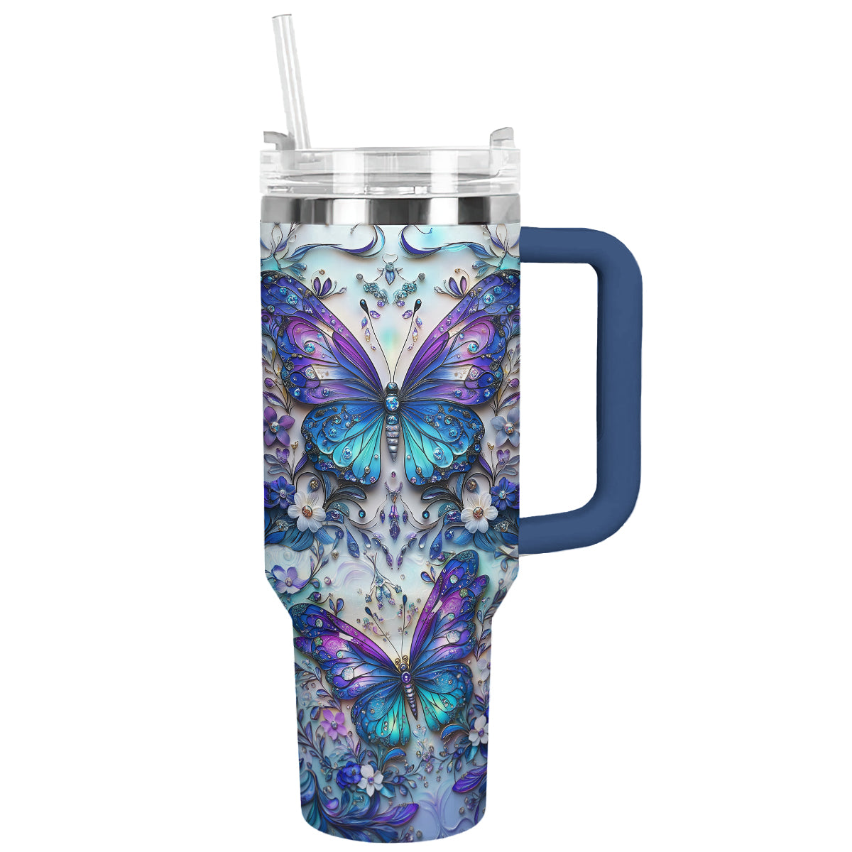 Floral And Butterfly Custom Stanley Quencher 40oz Stainless Steel Tumbler With Handle