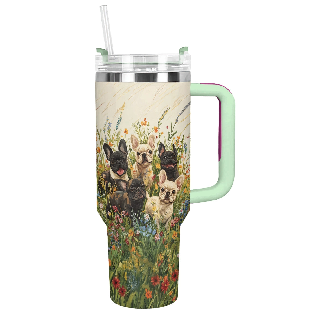 Floral Frenchie Bulldog Adventure Custom Stanley Quencher 40oz Stainless Steel Tumbler With Handle