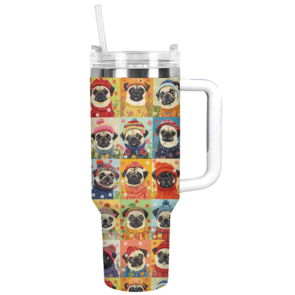 Floral Pug Dog Sweater Custom Stanley Quencher 40oz Stainless Steel Tumbler With Handle