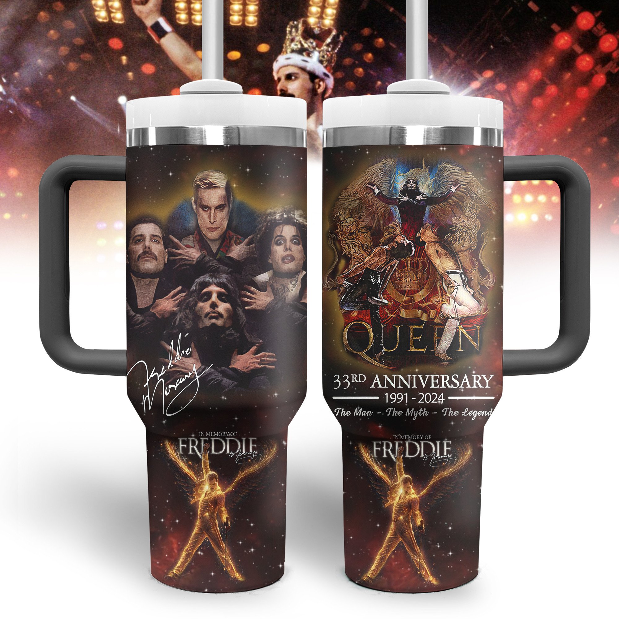 Freddie Mercury Music Custom Stanley Quencher 40oz Stainless Steel Tumbler With Handle