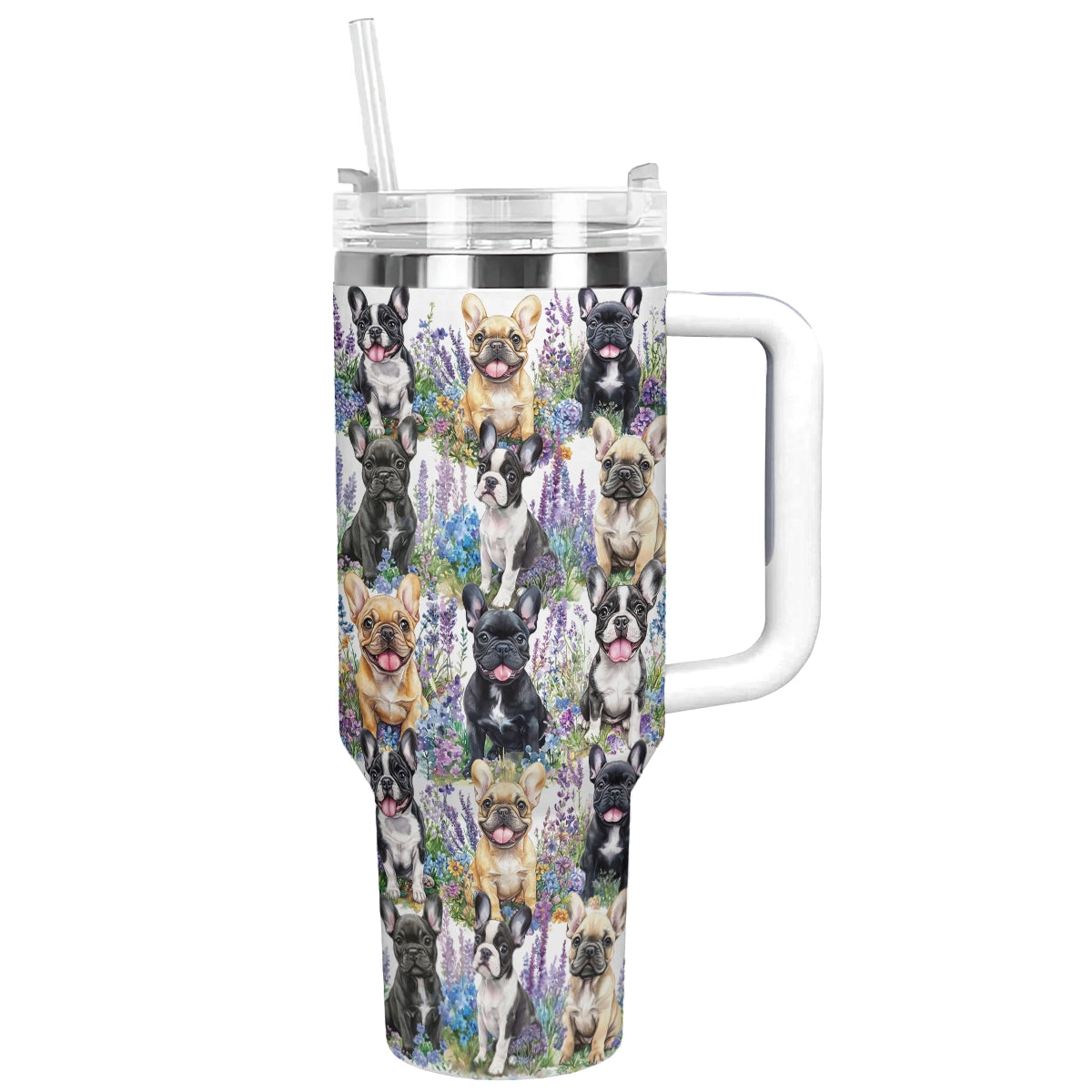 Frenchie Bulldog Flower Friends Custom Stanley Quencher 40oz Stainless Steel Tumbler With Handle