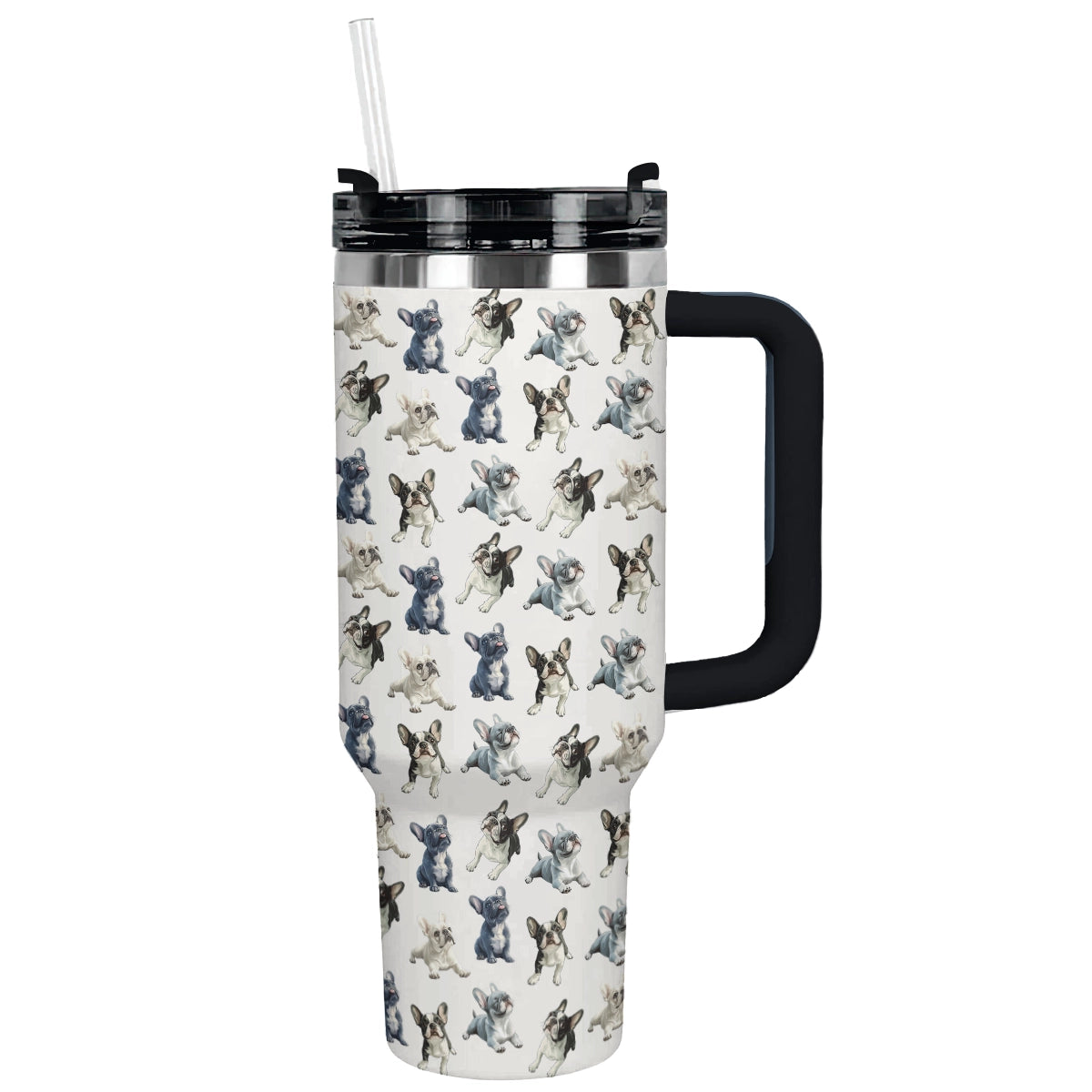 Frenchie Bulldog Frenzy Custom Stanley Quencher 40oz Stainless Steel Tumbler With Handle
