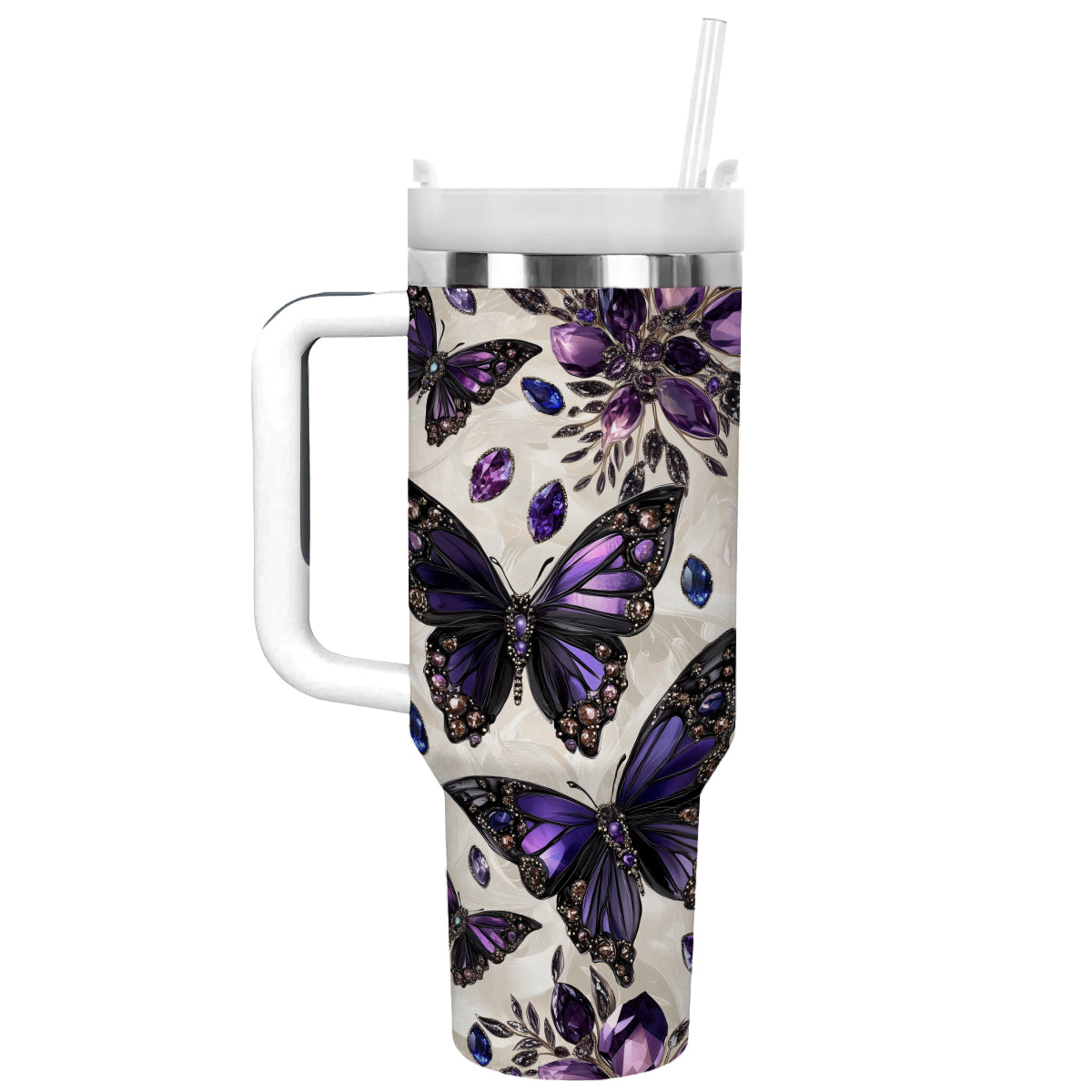 Gem Butterfly Custom Stanley Quencher 40oz Stainless Steel Tumbler With Handle