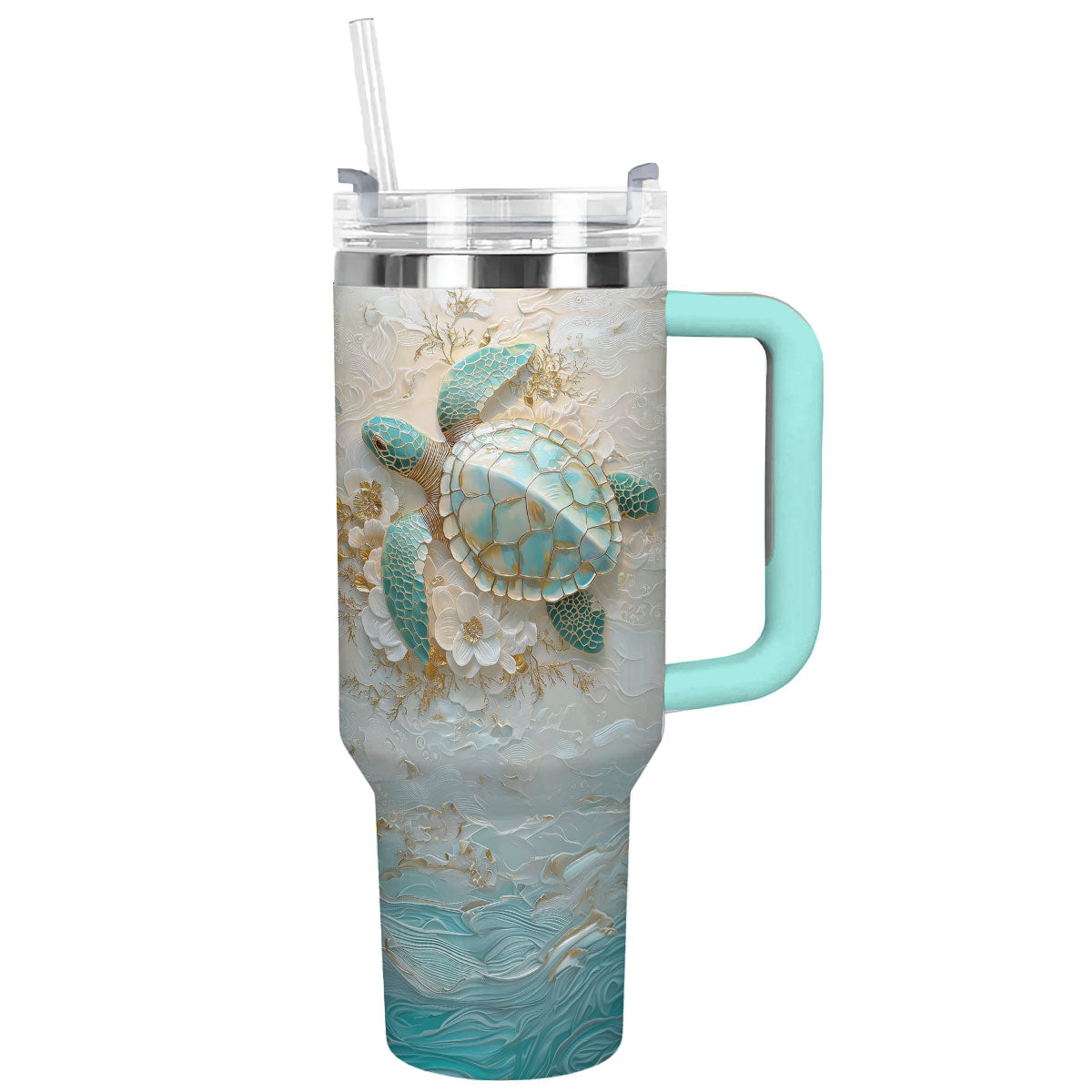 Golden Serenity Sea Turtle Custom Stanley Quencher 40oz Stainless Steel Tumbler With Handle