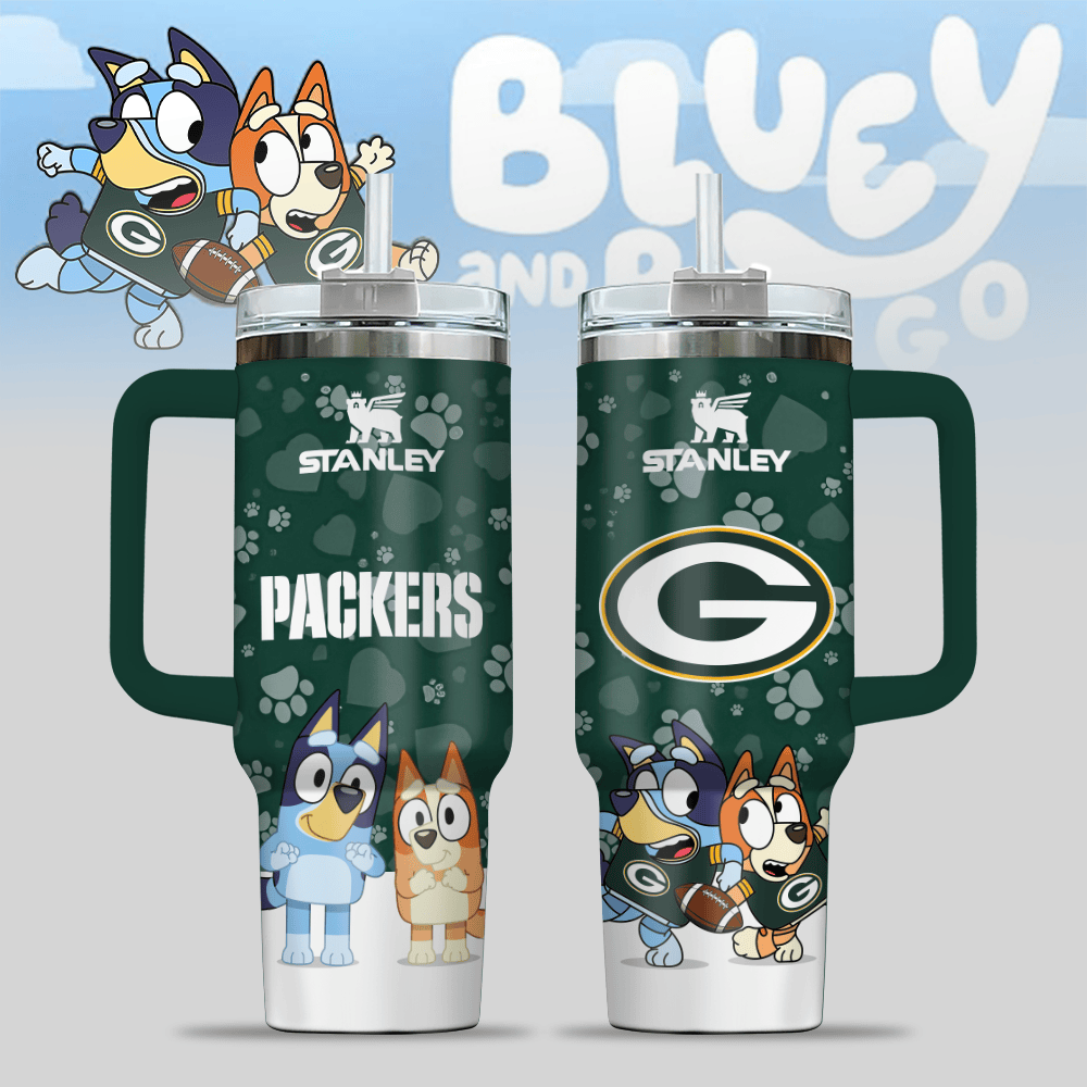 Green Bay Packers NFL x Bluey Custom Stanley Quencher 40oz Stainless Steel Tumbler With Handle