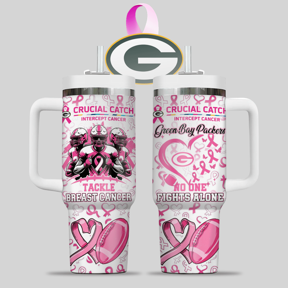 Green Bay Packers NFL x Breast Cancer Awareness Custom Stanley Quencher 40oz Stainless Steel Tumbler With Handle