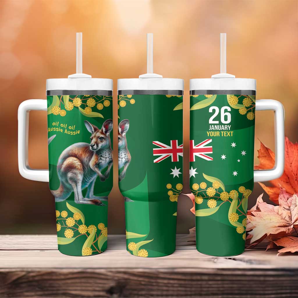 Green Kangaroo and Golden Wattle Happy Australia Day 6 January Custom Stanley Quencher 40oz Stainless Steel Tumbler With Handle