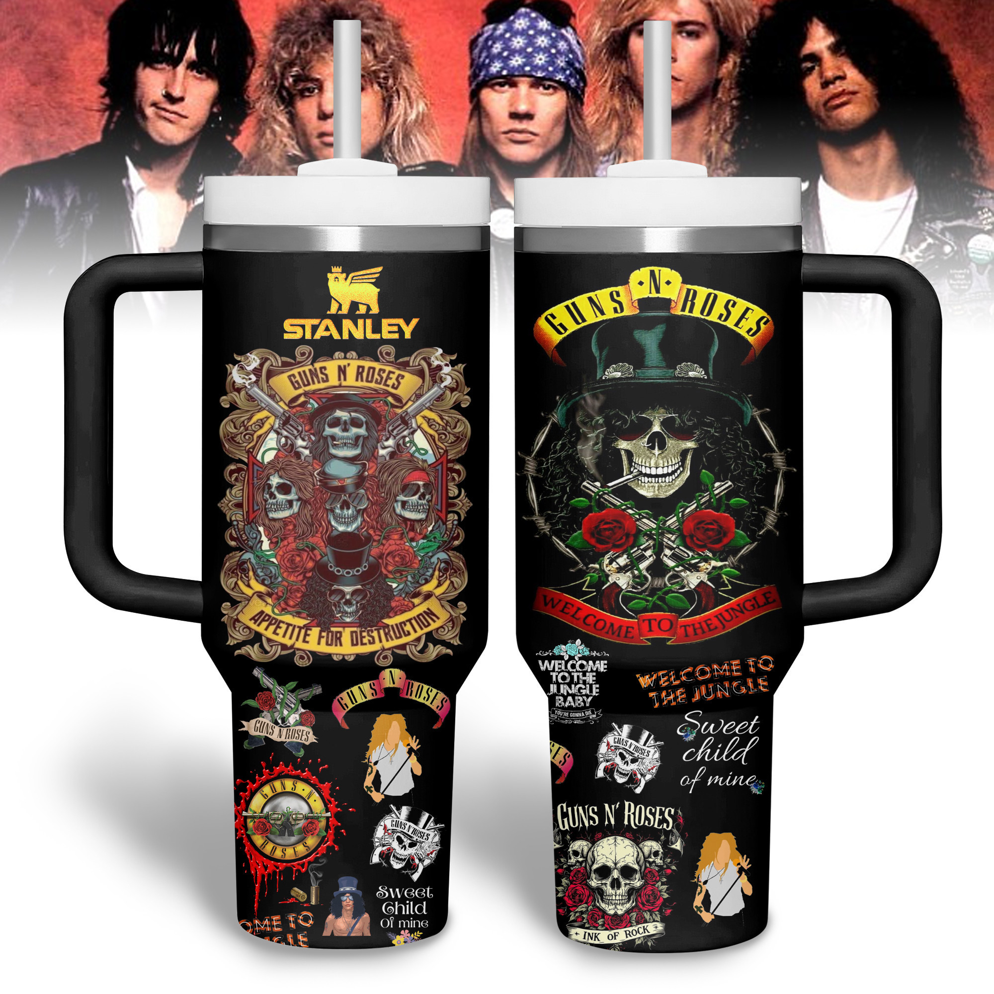 Guns N' Roses Music Custom Stanley Quencher 40oz Stainless Steel Tumbler With Handle