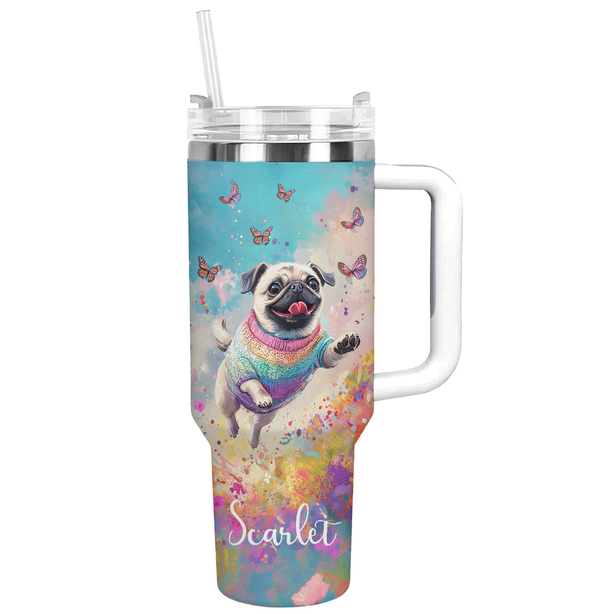 Happy Pug Dog with Butterflies Custom Stanley Quencher 40oz Stainless Steel Tumbler With Handle