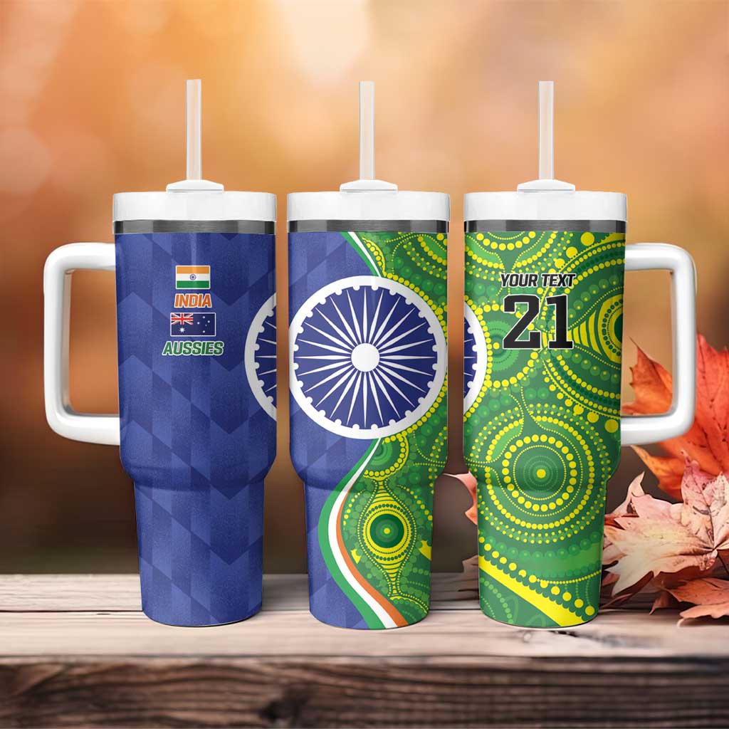 India Vs Australian Cricket Ashoka Chakra and Aboriginal Together Custom Stanley Quencher 40oz Stainless Steel Tumbler With Handle