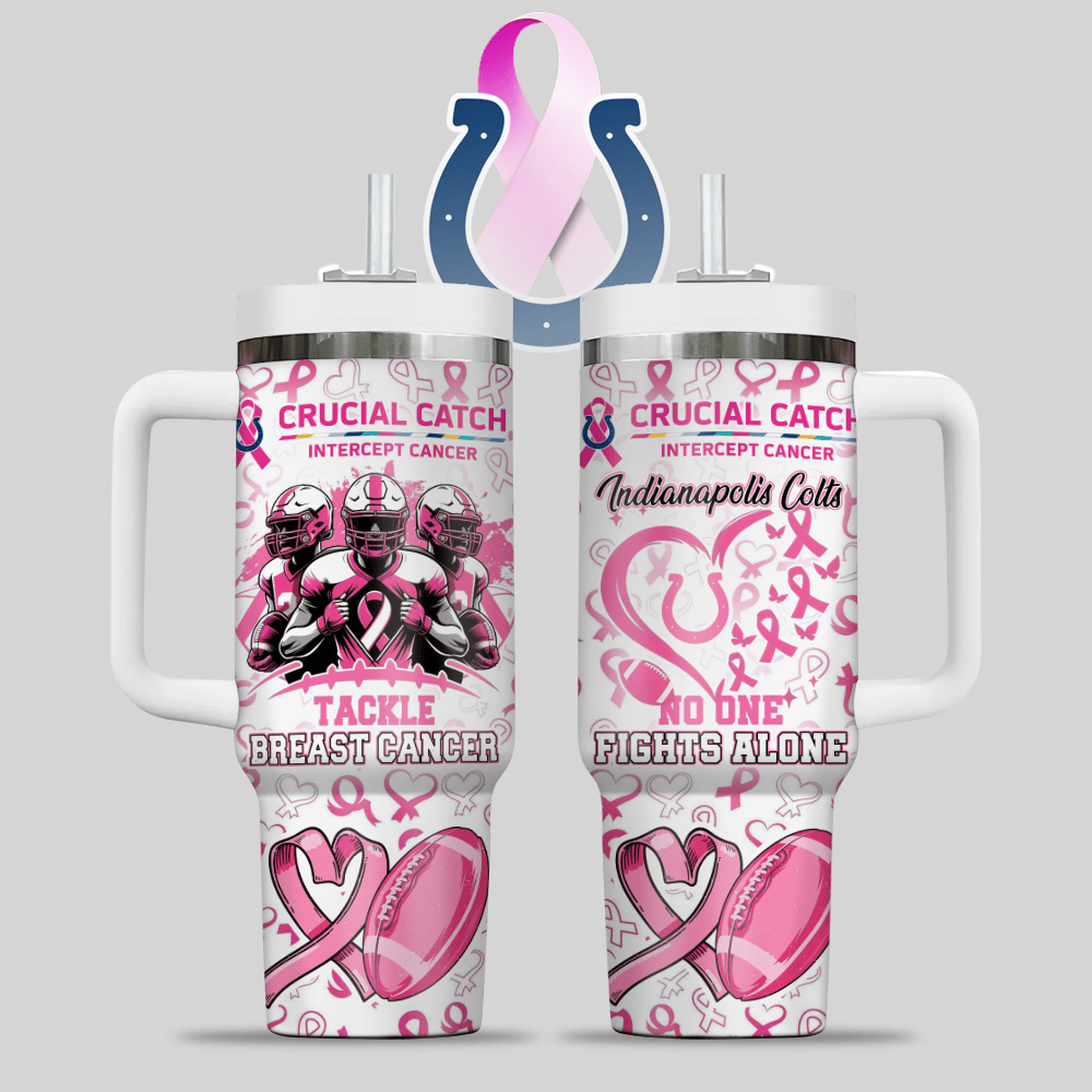 Indianapolis Colts NFL x Breast Cancer Awareness Custom Stanley Quencher 40oz Stainless Steel Tumbler With Handle