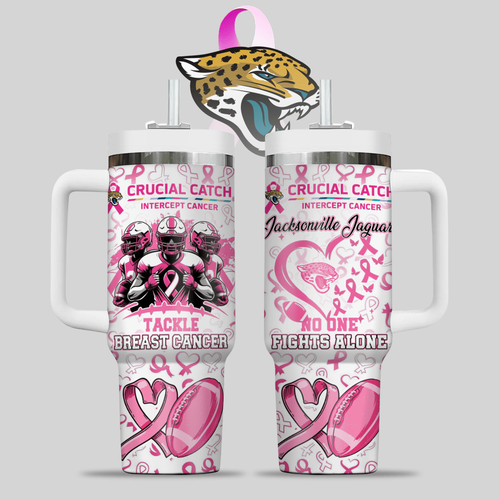 Jacksonville Jaguars NFL x Breast Cancer Awareness Custom Stanley Quencher 40oz Stainless Steel Tumbler With Handle