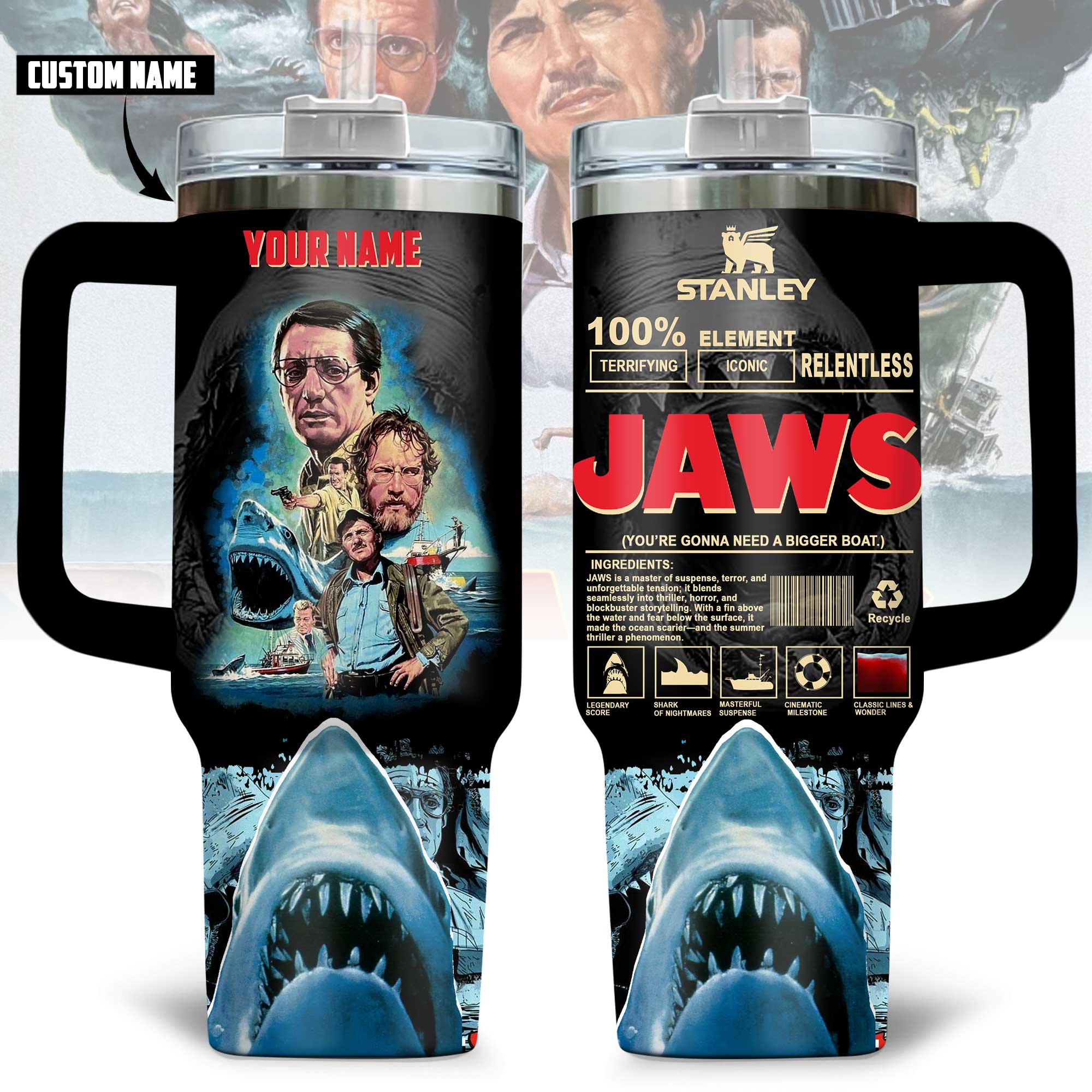 Jaws Movies Custom Stanley Quencher 40oz Stainless Steel Tumbler With Handle