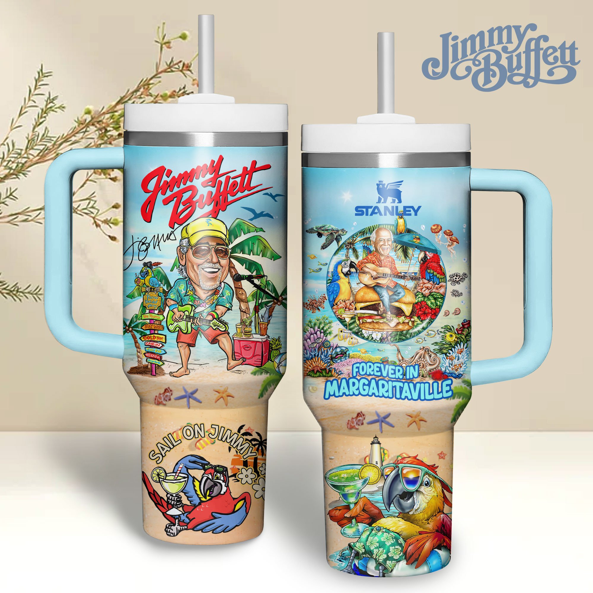 Jimmy Buffett Music Custom Stanley Quencher 40oz Stainless Steel Tumbler With Handle