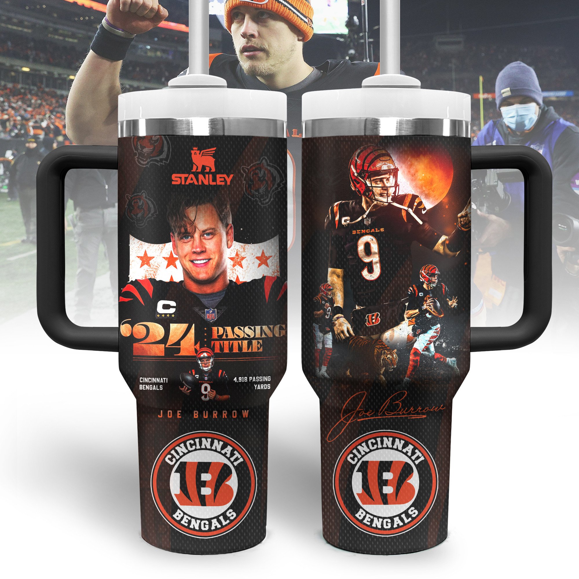 Joe Burrow Cincinnati Bengals NFL Sports Custom Stanley Quencher 40oz Stainless Steel Tumbler With Handle