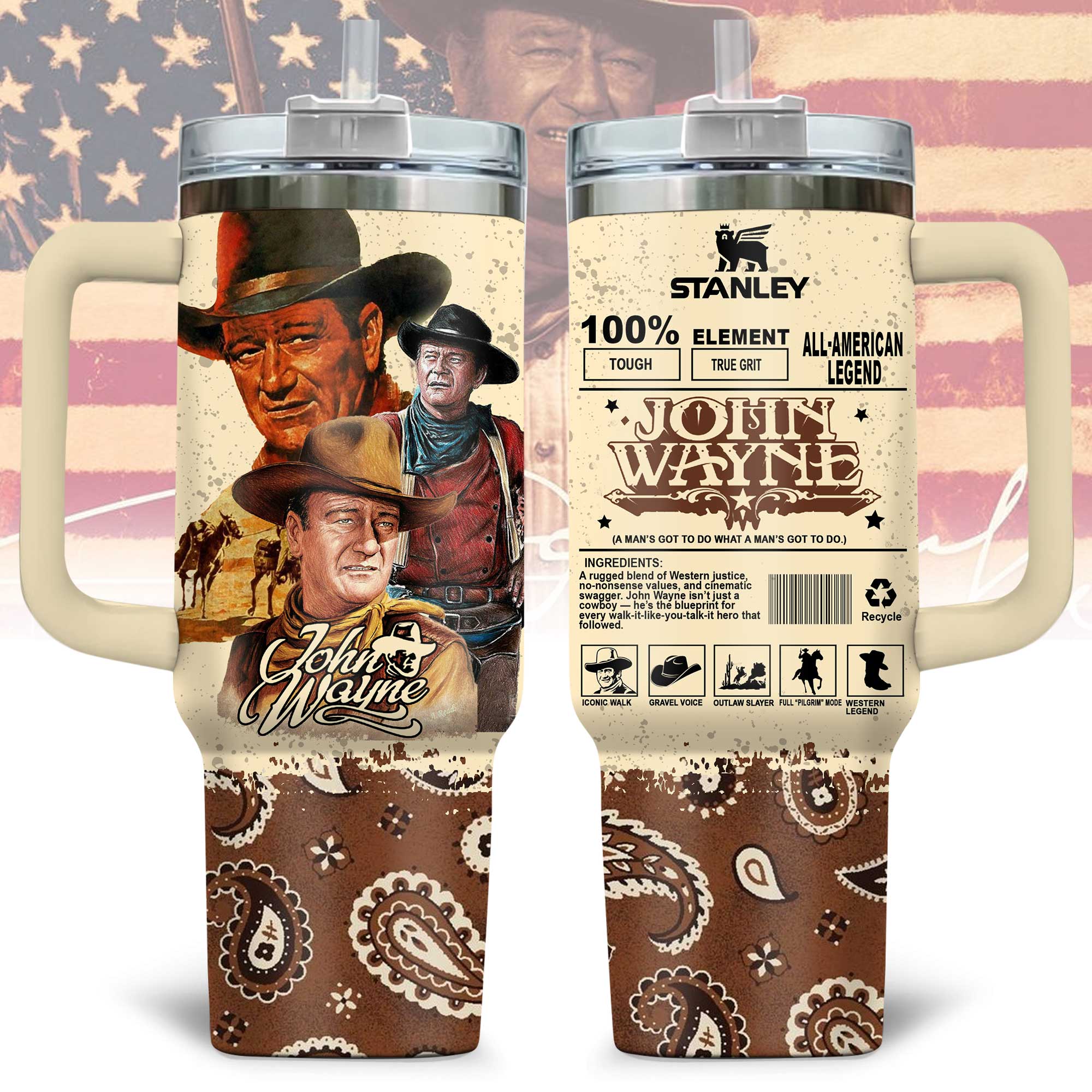 John Wayne Actor Custom Stanley Quencher 40oz Stainless Steel Tumbler With Handle