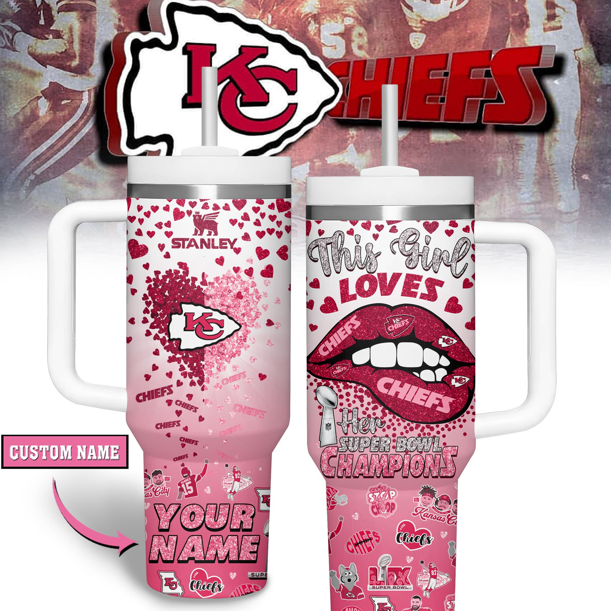 Kansas City Chiefs NFL Sports Custom Stanley Quencher 40oz Stainless Steel Tumbler With Handle