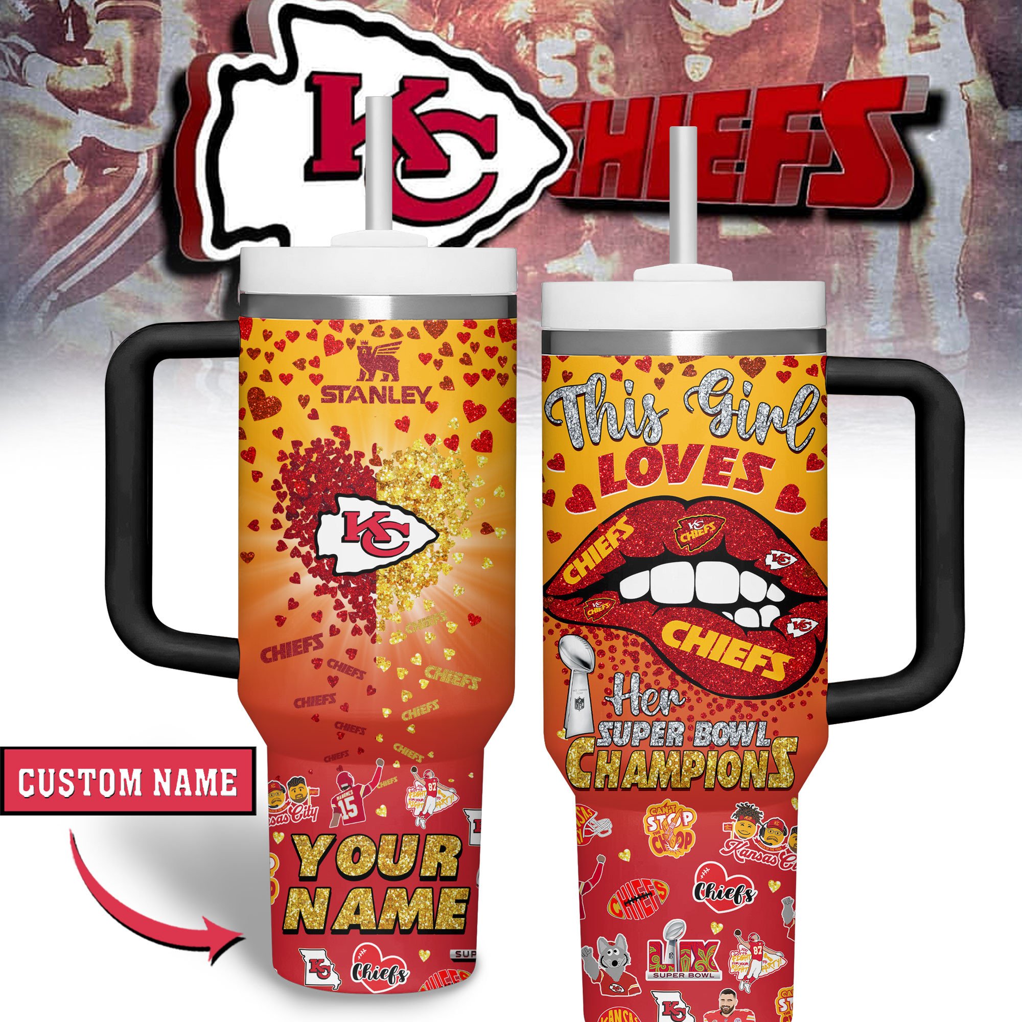 Kansas City Chiefs NFL Sports Custom Stanley Quencher 40oz Stainless Steel Tumbler With Handle