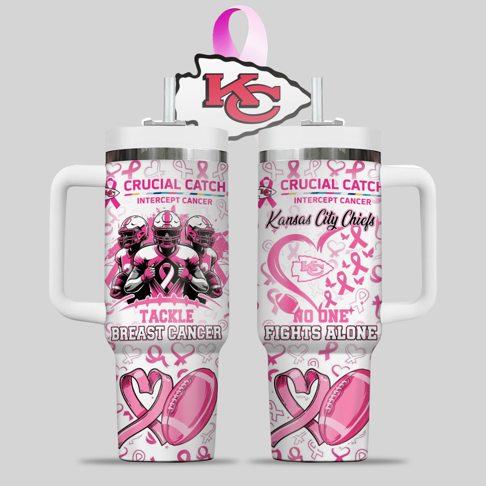 Kansas City Chiefs NFL x Breast Cancer Awareness Custom Stanley Quencher 40oz Stainless Steel Tumbler With Handle