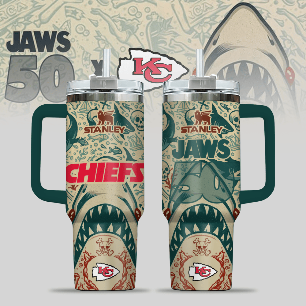 Kansas City Chiefs NFL x JAWS Custom Stanley Quencher 40oz Stainless Steel Tumbler With Handle