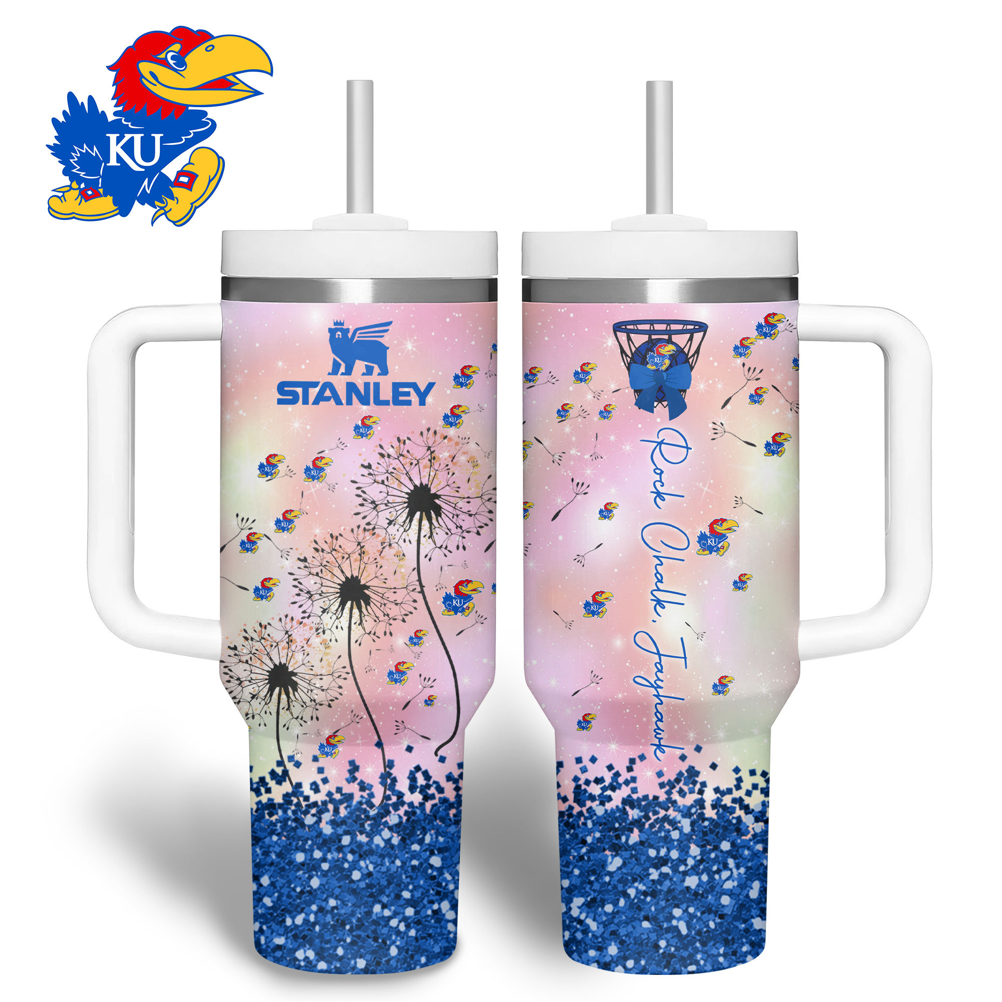 Kansas Jayhawks NCAA Sports Custom Stanley Quencher 40oz Stainless Steel Tumbler With Handle